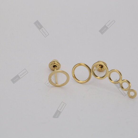 Asymmetrical Circle Earrings in Solid 14K Gold • Modern Drop Design. - Picture 3 of 8